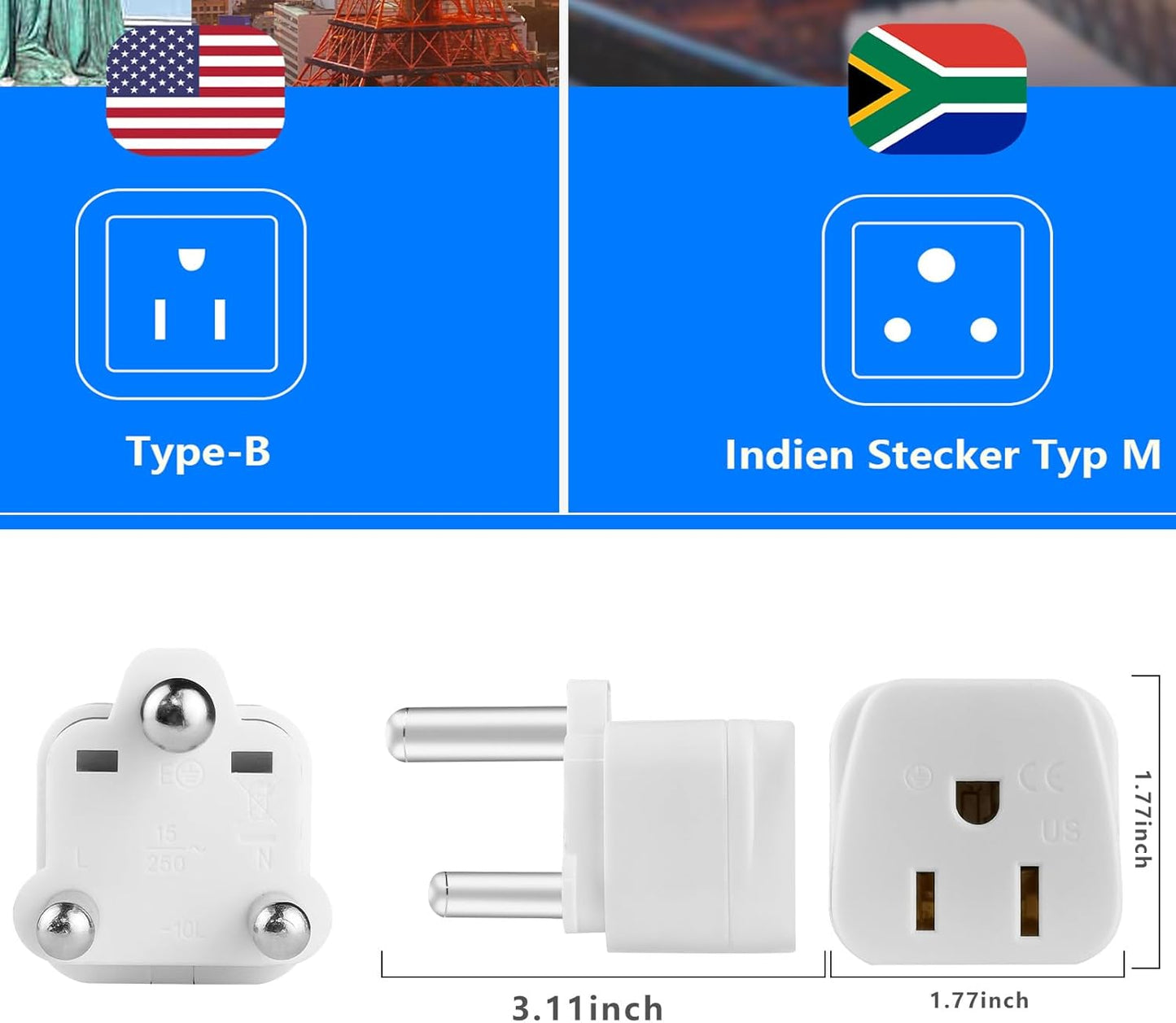 2 Pack South Africa Plug Adapter Type M Adapter for South Africa, Africa Travel Plug Adapter US to South Africa Power Adapter,Safe Grounded for South Africa White
