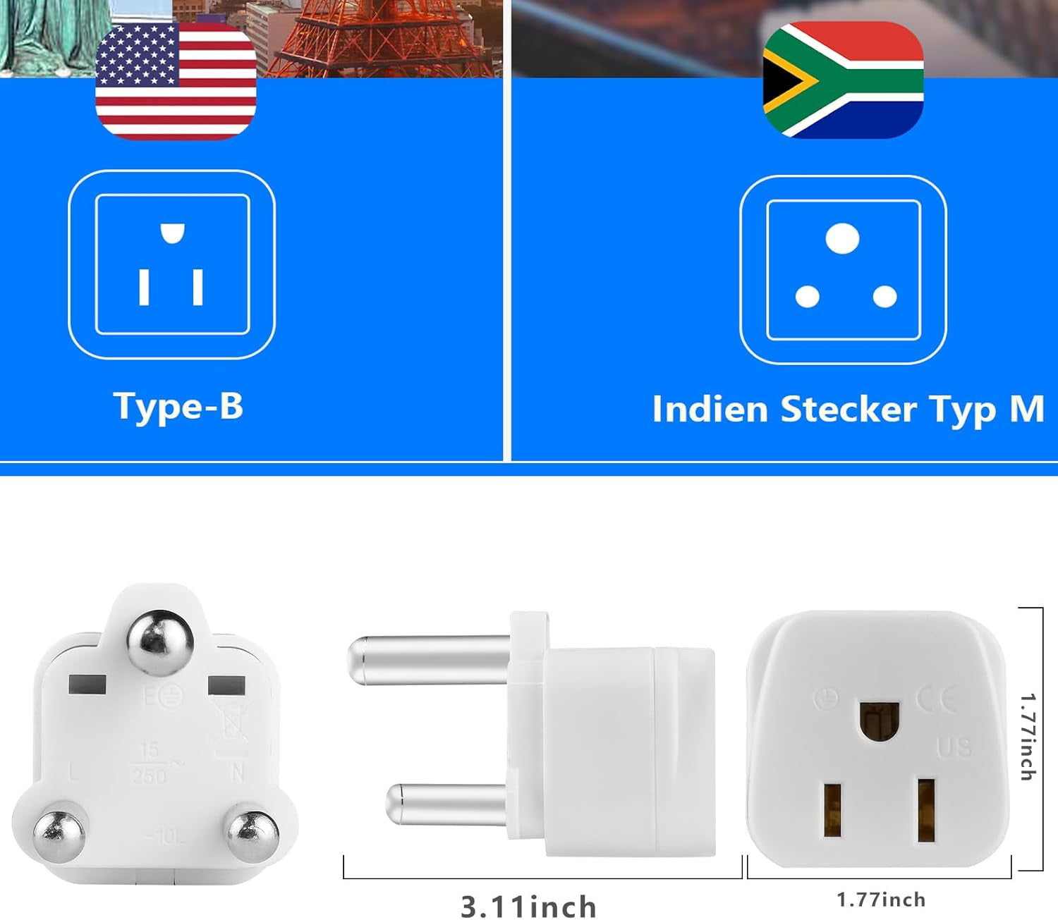 2 Pack South Africa Plug Adapter Type M Adapter for South Africa, Africa Travel Plug Adapter US to South Africa Power Adapter,Safe Grounded for South Africa White