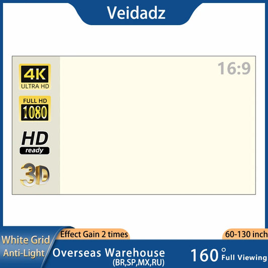 Projector Screen White Grid Anti-Light 16:9 Projection Screen 60 72 84 100 120 130 in Reflective Cloth for Home Theatre