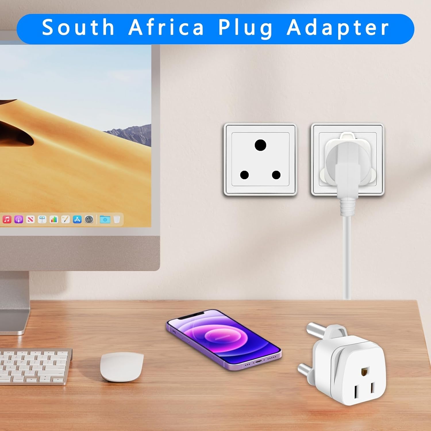 2 Pack South Africa Plug Adapter Type M Adapter for South Africa, Africa Travel Plug Adapter US to South Africa Power Adapter,Safe Grounded for South Africa White
