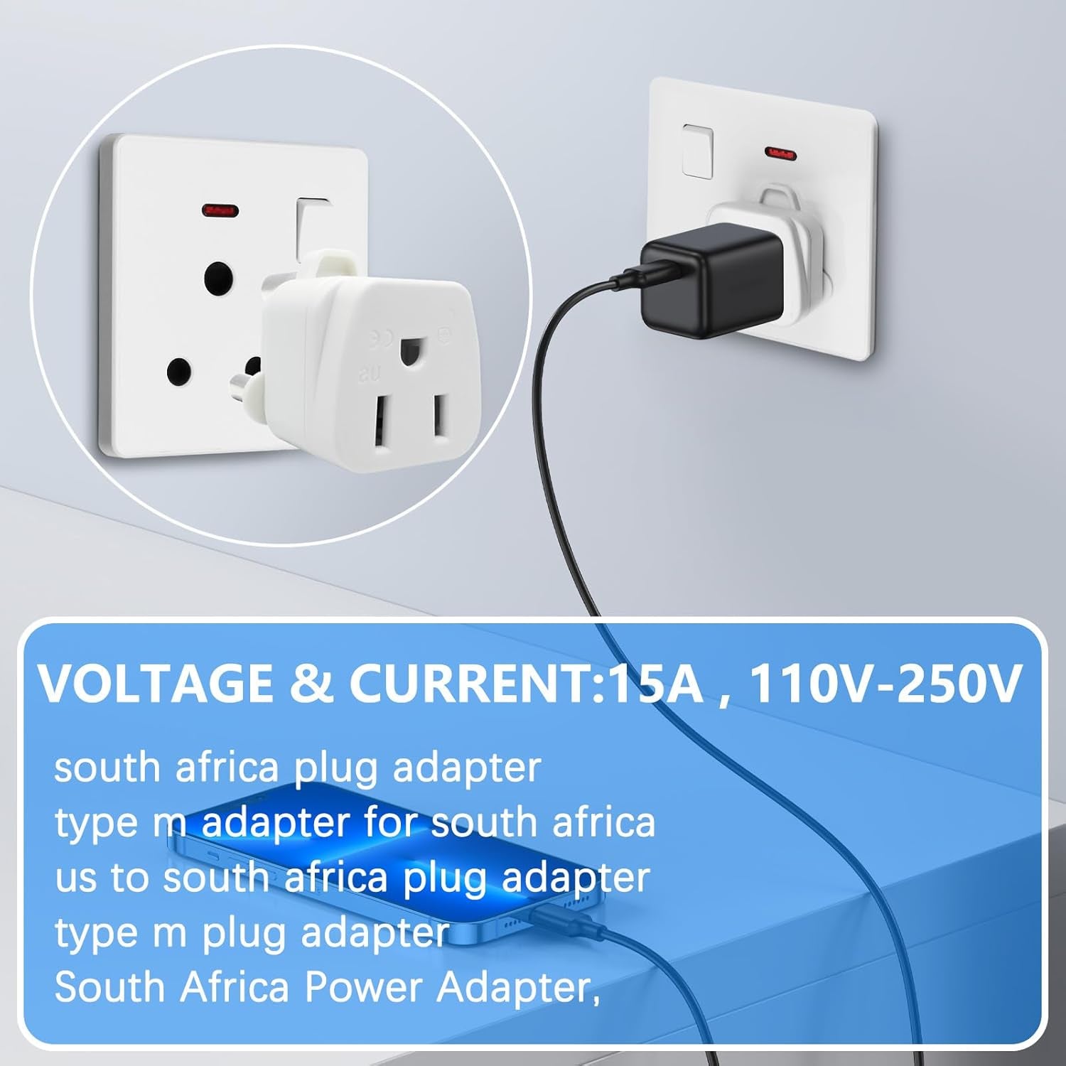 2 Pack South Africa Plug Adapter Type M Adapter for South Africa, Africa Travel Plug Adapter US to South Africa Power Adapter,Safe Grounded for South Africa White